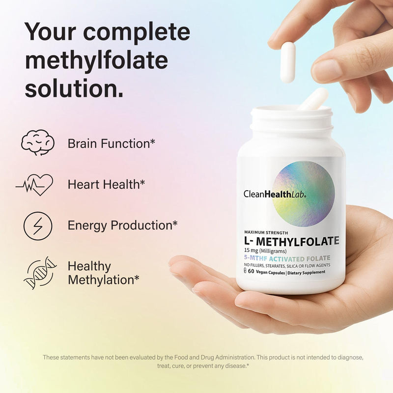 CleanHealthLab L-Methylfolate 15mg, 5-MTHF Active Folate - Maximum Potency Methylated Vitamin B9 Supplement - Support for Brain Health, Energy, Nerves, and Methylation with No Fillers (60 Count) 60 Count (Pack of 1)