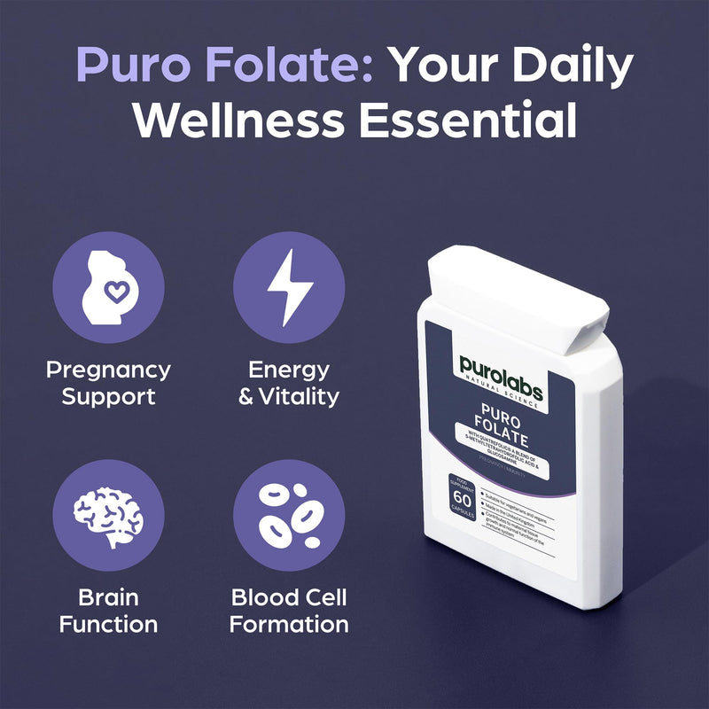 Purolabs Folate Supplement – High-Potency Methylfolate (5-MTHF) for Energy, Brain Function & Prenatal Health – Bioavailable & Vegan-Friendly