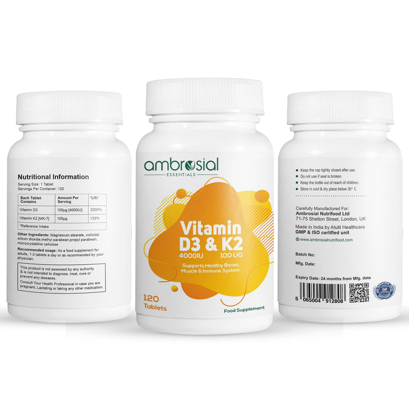Ambrosial Vitamin D3 & K2 Tablets 4000IU Vitamin D3 + 100µg Vitamin K2 MK-7 for Healthy Bones, Muscles, and to Support the Immune System - 120 Tablets