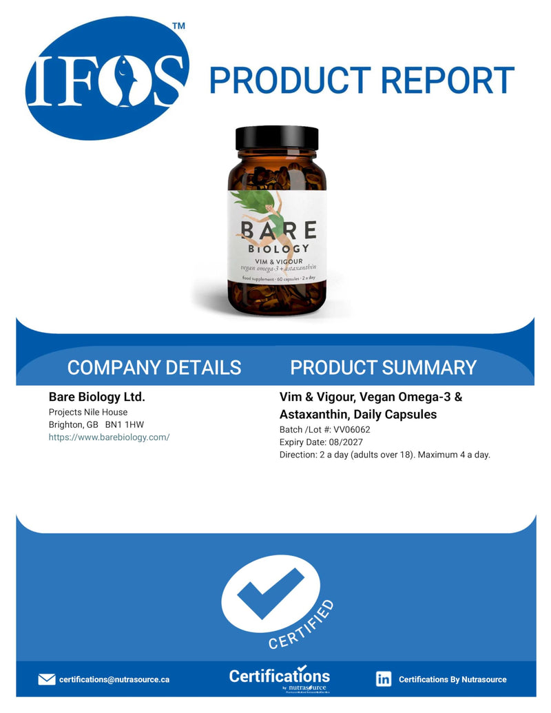 Bare Biology High Strength Omega 3 Algae Oil Capsules - EPA 250mg DHA 500mg - Pure Plant-Sourced, No Fish + Astaxanthin (30 Servings) Independently Tested for Purity