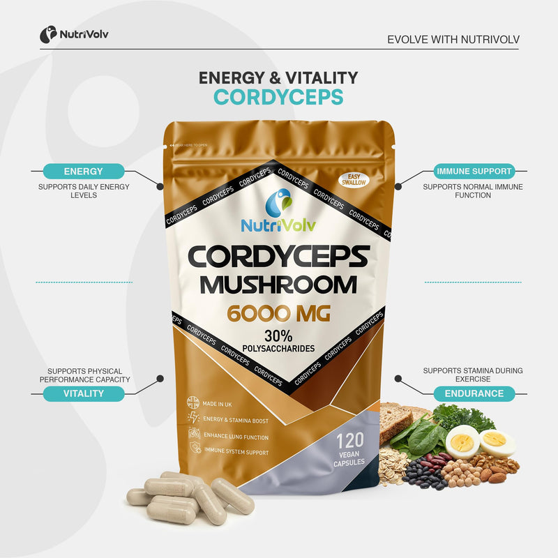 Cordyceps 6000mg | 120 Capsules | Vegan | 10:1 Cordyceps Mushroom Extract | Performance Supplement for Energy, Vitality & Immune Support | Rich in Polysaccharides | No Additives | Non-GMO 120 count (Pack of 1)