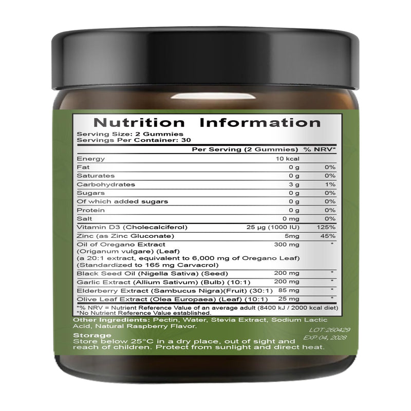 Herb Oregano Oil with Black Seed Oil Gummies | 6-in-1 Oregano Oil Supplement with Garlic, Elderberry & Vitamin D3 | Carvacrol + Thymoquinone | Immune Support & Gut Health | Sugar-Free, 60 Chewable