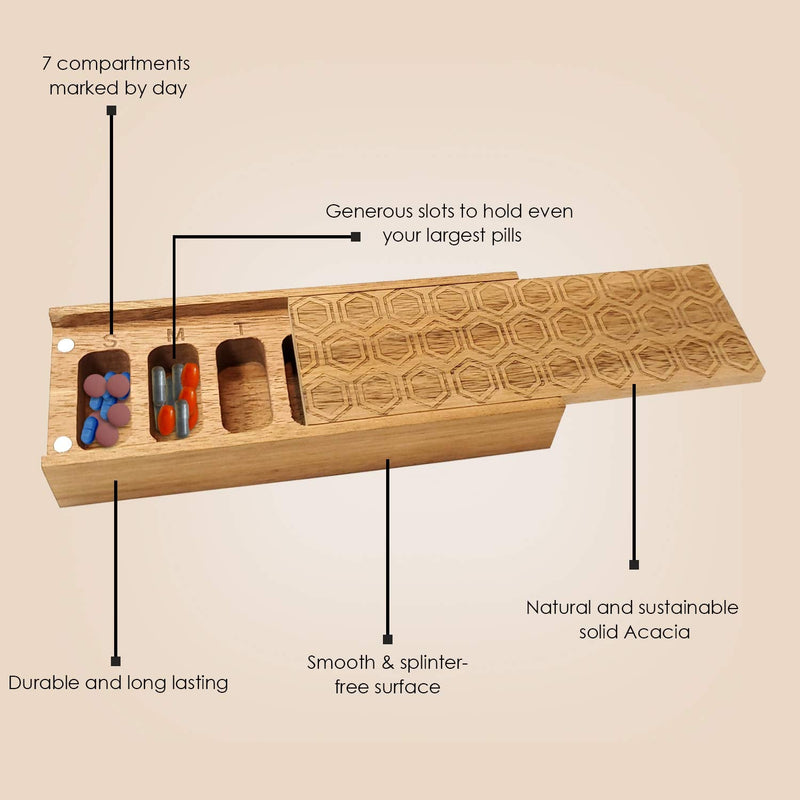 Natural Acacia Wood 7 Day Weekly Pill Box – Pill Organizer for Vitamins, Daily Supplements – Pill Container.
