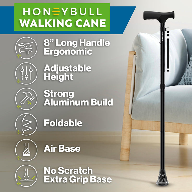 [Australia] - HoneyBull Walking Cane | Single Tip Canes for Men & Women, Foldable, Adjustable, Heavy Duty Up to 250 Pounds, with Travel Bag, Walking Canes for Seniors Premium Tip Black 