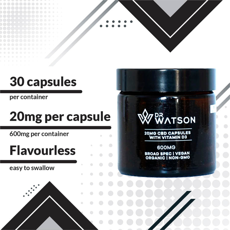 Capsules by Dr Watson | 600mg Container | 30 Capsules 20mg | with Vitamin D for Added Daily Support