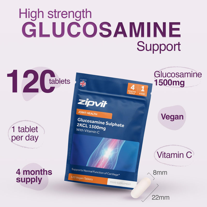 Zipvit Glucosamine Sulphate 2KCl 1500mg with Vitamin C, High Strength Joint Supplement, Supports Cartilage, Joints and Bones, Shellfish Free, 120 Vegan Tablets, 4 Month Supply, Eco Friendly Pouch