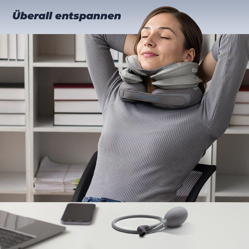 [Australia] - Tech Love Adjustable neck stretcher, inflatable neck brace for humans with removable air pump, for pressure relief in the cervical spine, provides neck support, neck saver for at home and on the go. Gray 