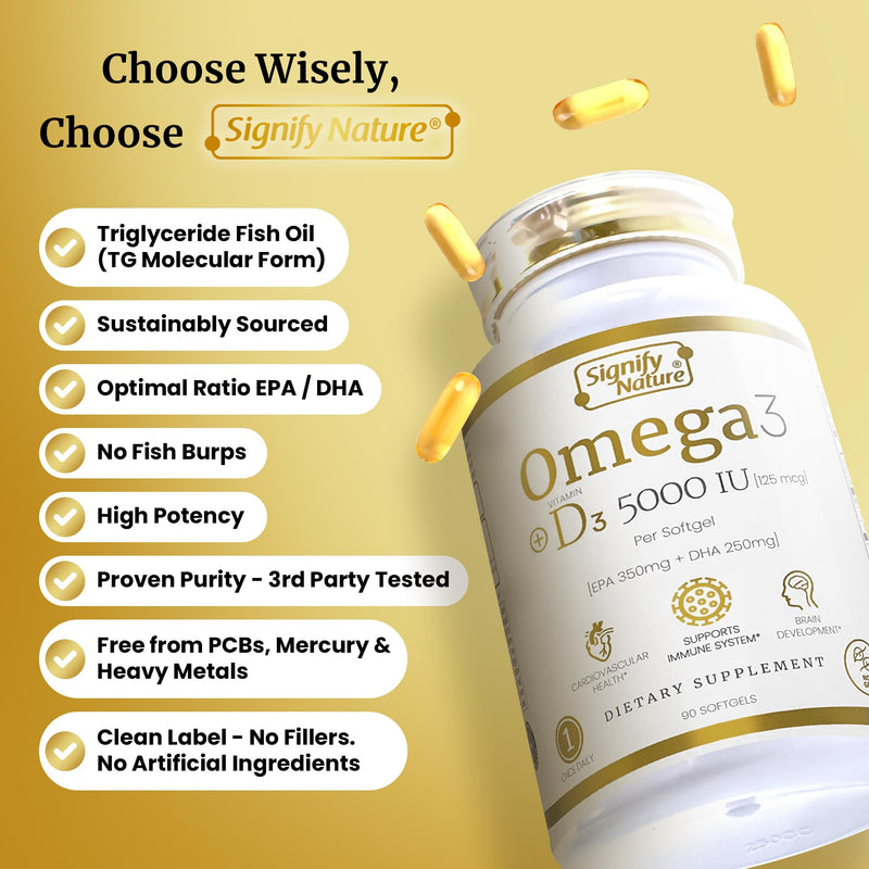 [Australia] - SIGNIFY NATURE Omega 3 Fish Oil Supplement with Vitamin D3 5000 IU - 1000mg Triglyceride Capsules for Brain Health - Omega3 EPA DHA + VIT D 3-90CT 
