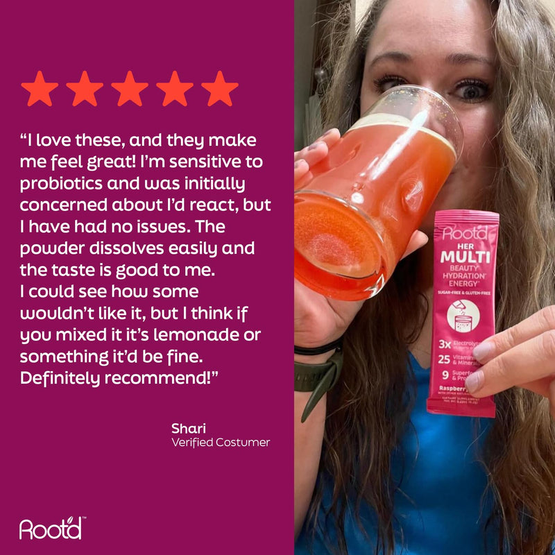 Root'd Multivitamin Powder for Women - 25 Vitamins & Minerals with 3X Electrolytes, 9 Organic Superfoods, Probiotics & Enzymes, Sugar-Free Multivitamin & Hydration | 30 Vitamin Drink Mix Packets 0.22 Ounce (Pack of 30) Her (Raspberry Acai)