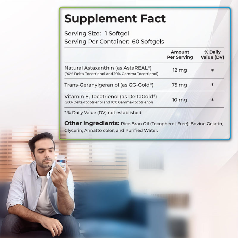 [Australia] - Astaxanthin-GG Natural AstaREALTM Astaxanthin MicroAlgae for Eye & Skin Health, Geranylgeraniol, Vitamin E Tocotrienol DeltaGold, Healthy Aging, Antioxidant Health; 60 Softgels. 