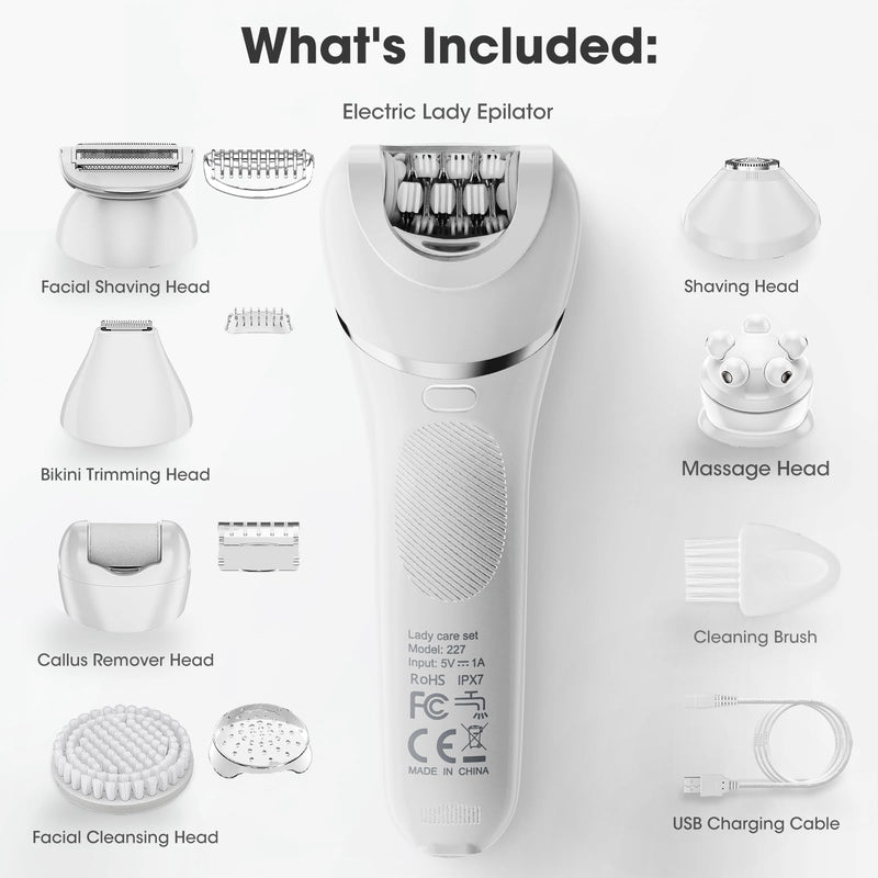 [Australia] - Epilator for Women, 7 in 1 Epilator Hair Removal for Women, Shaver, Bikini, Face Razor, Facial Brush, Face Massage and Body Exfoliator, Waterproof Painless Lady Shaver (White 227) 
