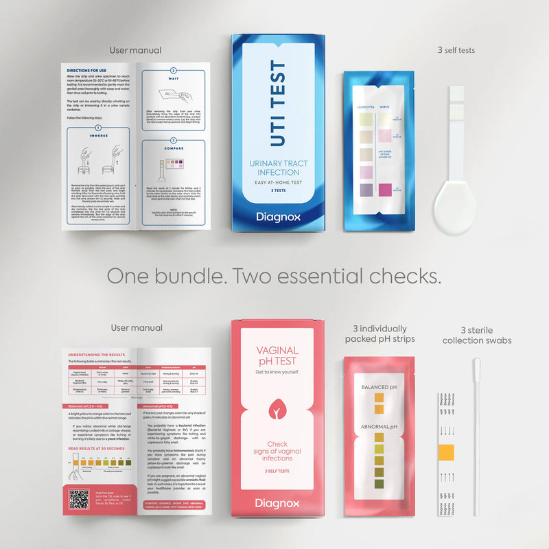 Diagnox UTI Test & Vaginal pH Test Bundle, 3 UTI & 3 Vaginal pH Test Strips | Individually Wrapped, Fast Results in Minutes, Easy To Read Results, Extended Shelf Life, Private Testing At Home 6 Pack
