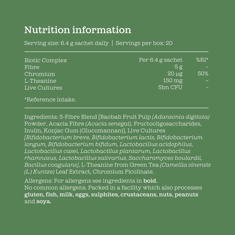 Fibre Support for GLP Journeys | High Fibre Powder with 5 Billion CFU Live Bio-Cultures 9 Strains | 5g Fibre with L-Theanine, Chromium & Superfoods | GLP-Friendly | 20 Sachets | Free Soul