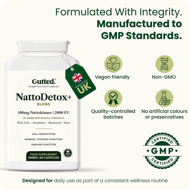 Gutted™ Nattokinase 100mg 2000 FU |High Strength, 60 Capsules,Enzymes | Heart, Blood Pressure & Circulation Support | Vitamin D, Black Seed, Selenium & Dandelion | Non GMO, No Fillers | UK