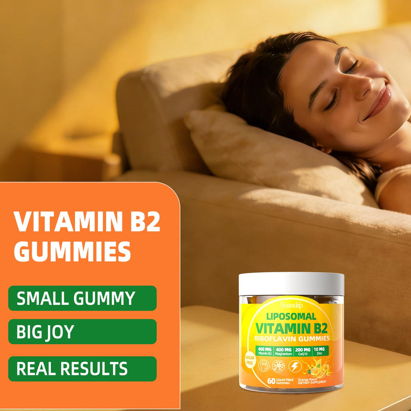 Vitamin B2 Gummies, Liposomal Riboflavin 400mg for Head & Energy | High Potency with Magnesium, CoQ10, Zinc for Kids & Adults, Sugar Free, Vegan, Orange Flavor, 30-Day Supply 60 Count (Pack of 1)