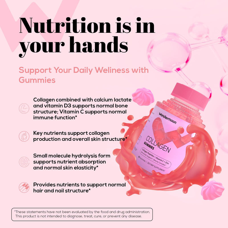 Wondermoon Collagen Peptides Gummies for Women, Peach Flavor, 60 Gummies | Collagen Gummies with Hydrolyzed Collagen Peptides, Vitamin C, Biotin, Zinc- Supports Hair, Skin, Nails & Immune Health