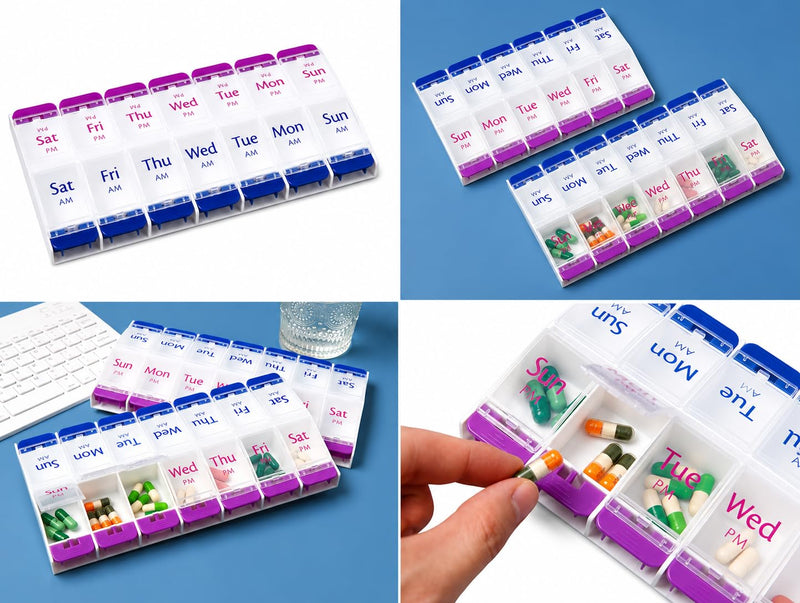 Shea Muse Weekly Pill Organizer-14 Large compartments,AM/PM Medication Organizer, Portable Travel Pill Box for Vitamins, Supplements & Prescriptions, Secure Snap Closure, BPA-Free, Easy Open Design