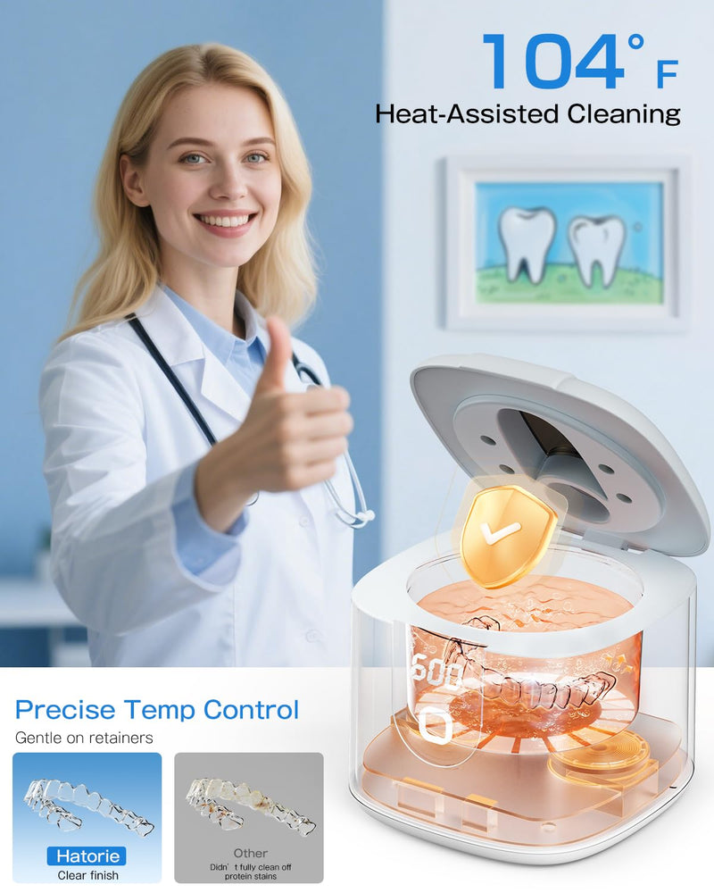 [Australia] - 2025 Enhanced Ultrasonic Retainer Cleaner, 2X Efficiency, 45kHz Dentures Cleaner Machine with UV Lights&4 Clean Modes, Dental Cleaning Pod for Aligner, Nightguard, Mouth Guards, Jewelry, Rings, etc 