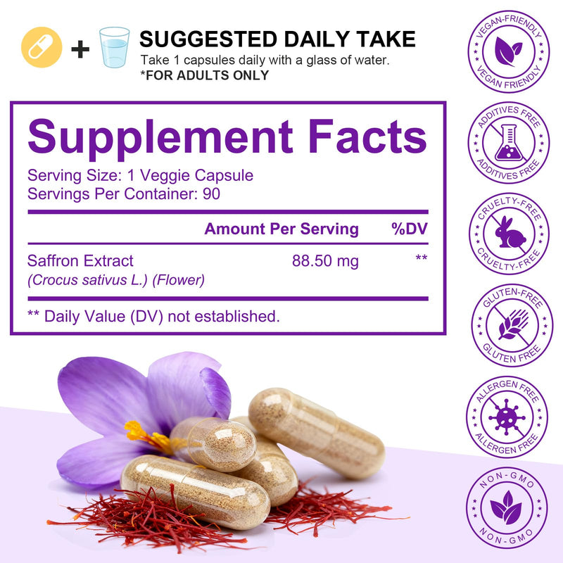 Saffron Extract Capsules – Premium Saffron Supplement – 90 Vegan Capsules – Food Supplement for Everyday Wellbeing