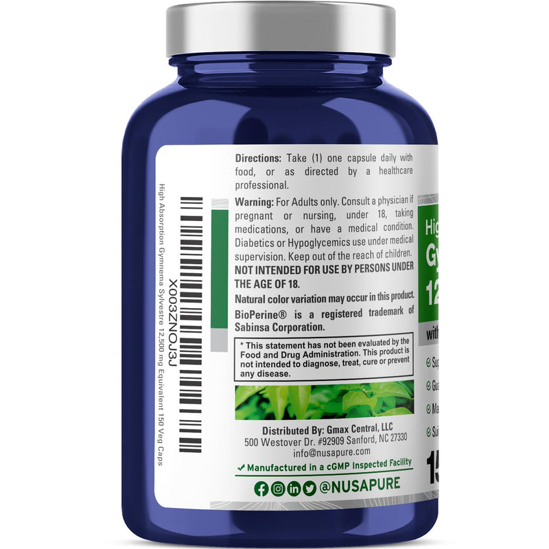 [Australia] - NusaPure Gymnema Sylvestre 12500 mg Per Vegan Caps - 150 Count - 50:1 Extract (Non-GMO, Vegan, Bioperine) 