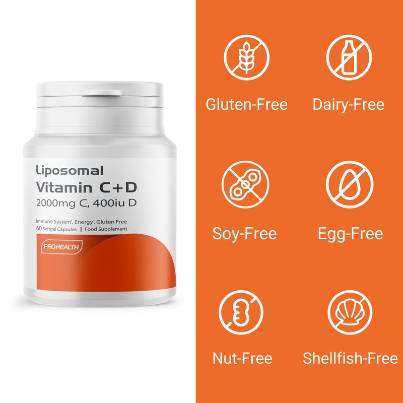 ProHealth Liposomal Vitamin C 2000mg + Vitamin D3 400IU - High Absorption Softgels | Immune Support, Antioxidant, Collagen & Bone Health | Non-GMO, Gluten-Free, Made in UK, 30-Day Supply Vitamin C + D3 400IU