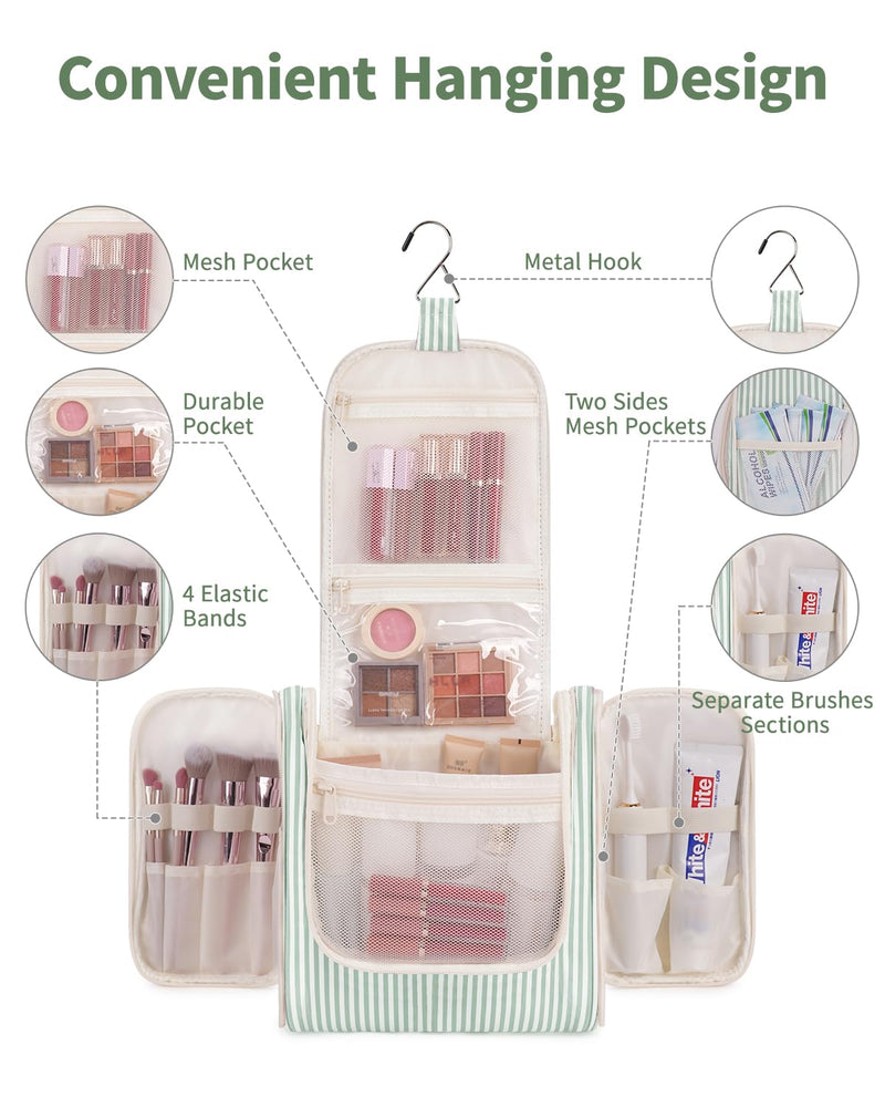 Narwey Striped Hanging Travel Toiletry Bag + Makeup Bag with Compartments for Women Girls