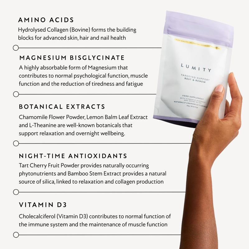 Lumity Rest & Renew Magnesium for Sleep, Magnesium Glycinate, Bisglycinate & Glycine Supplements with L Theanine, Amino Acids & Chamomile for Relaxation & Sleep Quality, Sleep Aid (Pouch 28 Servings)