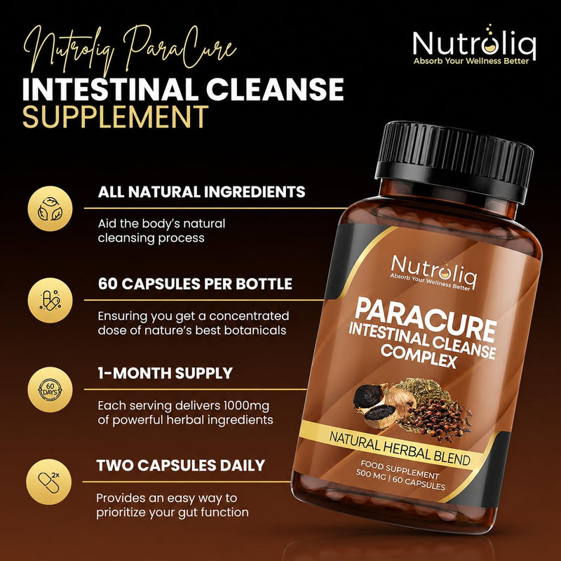 Nutroliq Intestinal Cleanse Complex - Dietary Supplement with Organic Wormwood Black Walnut and Clove Extract - Natural Herbal Blend for Digestive Wellness - 1000mg per Serving - 60 Capsules 60 count (Pack of 1)