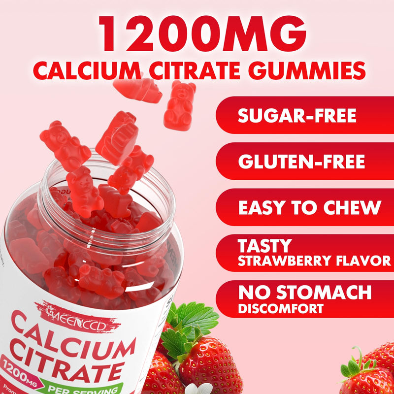 Calcium Citrate Gummies 1200mg - Chewable Calcium Supplement for Women & Men, Supports Bone & Muscle Health, Vegan, Strawberry Flavor, 60 Count