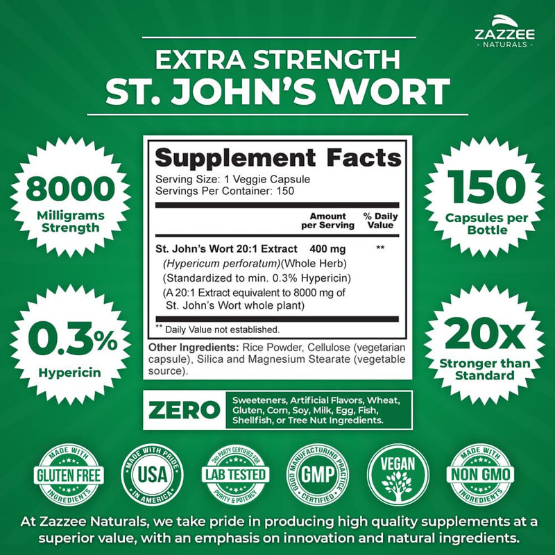 [Australia] - Zazzee Extra Strength St. John’s Wort 20:1 Extract, 8000 mg Strength, 0.3% Hypericin, 150 Vegan Capsules, 5 Month Supply, Concentrated, Standardized 20X Extract, 100% Vegetarian, Non-GMO, All-Natural 