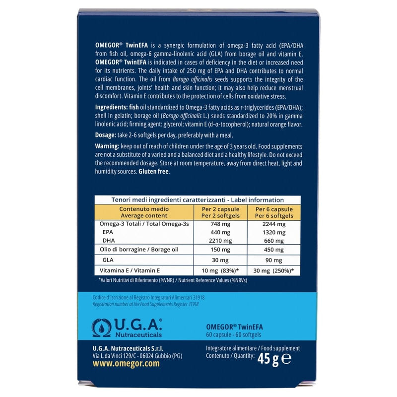 OMEGOR TwinEFA - Omega 3 6 9 Capsules High Strength - Omega3 1890mg EPA/DHA with Fish Oil and Borage Oil - No Aftertaste (60 Orange Flavoured Capsules)