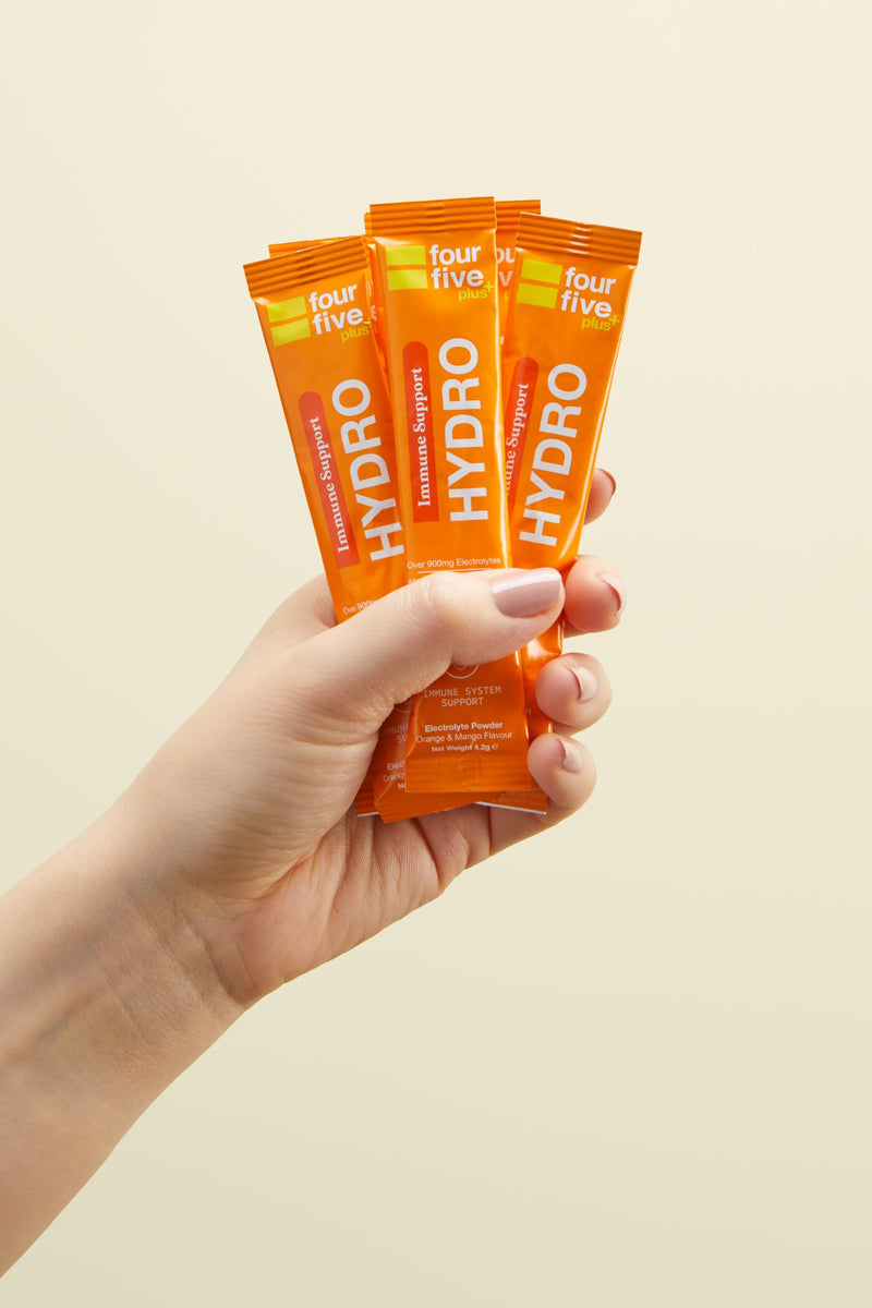 fourfive Hydration Sachets (Immune Support) - Hydro Electrolytes Powder with Vitamins, Wellmune® & Chaga Mushroom, Immunity for Defence - Orange & Mango, 30 Sachets 1 count (Pack of 30)