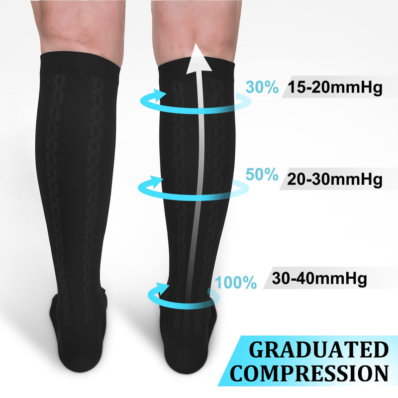 30-40mmHg Medical Graduated Compression Socks for Women&Men Circulation-Knee High Socks for Support,Hiking,Running 1-2 Pack Black Large-X-Large