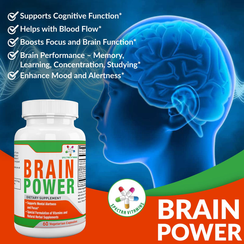 Brain Power, 60 Capsules, for Men & Women | Supports Focus, Nootropics, Improves Memory, Alertness, Ginkgo Biloba, Gotu Kola