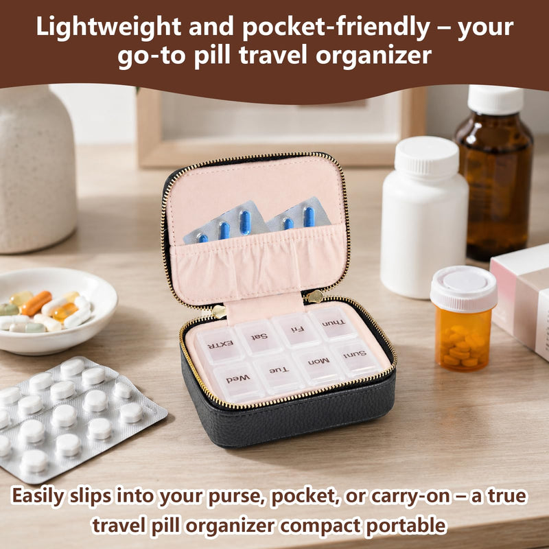 Portable Leather Weekly Pill Organizer | 7-Day Travel Pill Case with Removable Daily Insert – for Vitamins, Medication, Fish Oil & Supplements, Black