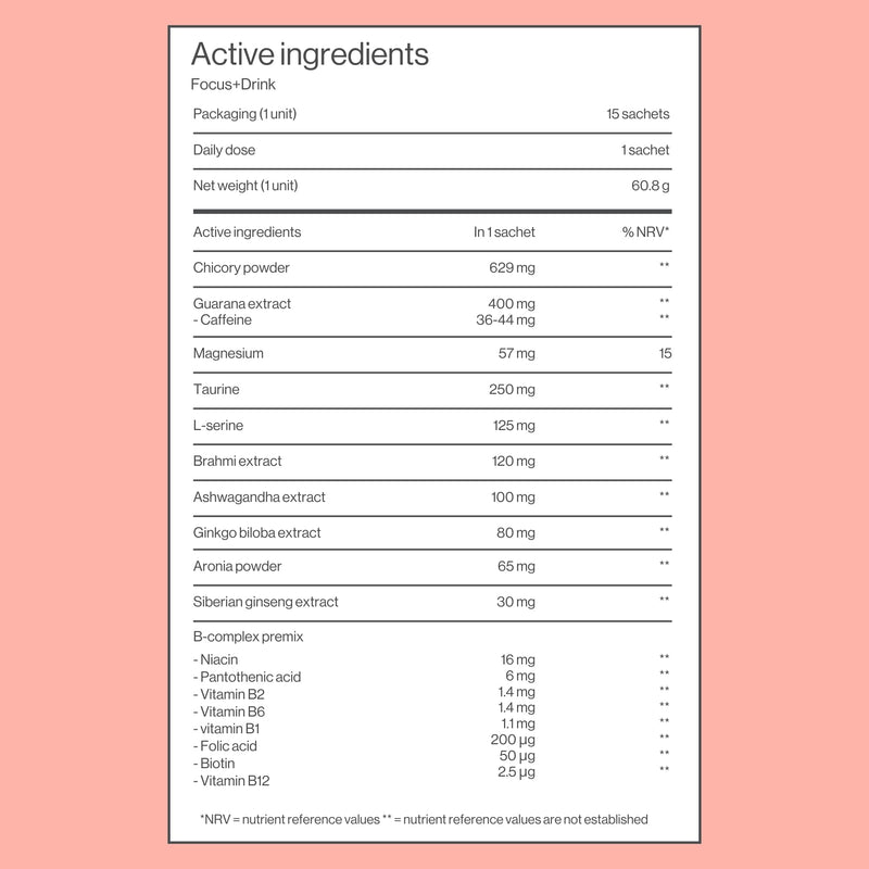 Focus Supplement with Ashwagandha, Taurine, Ginkgo Biloba, Guarana, Chicory, Blueberry Flavoured Drink, 30 sachets by Tummy Tox