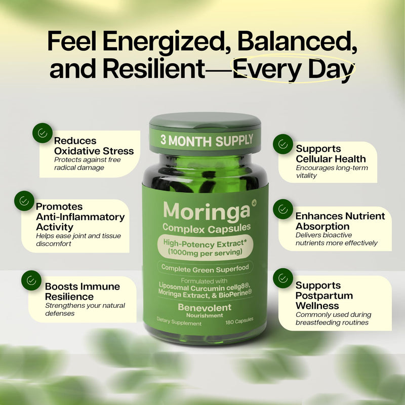 Benevolent Moringa Capsules with Liposomal Curcumin & BioPerine® – 180 Caps | High-Potency Moringa Supplement for Antioxidant Support, Immune Resilience, Breastfeeding Support & Nutrient Absorption 180 Count (Pack of 1)