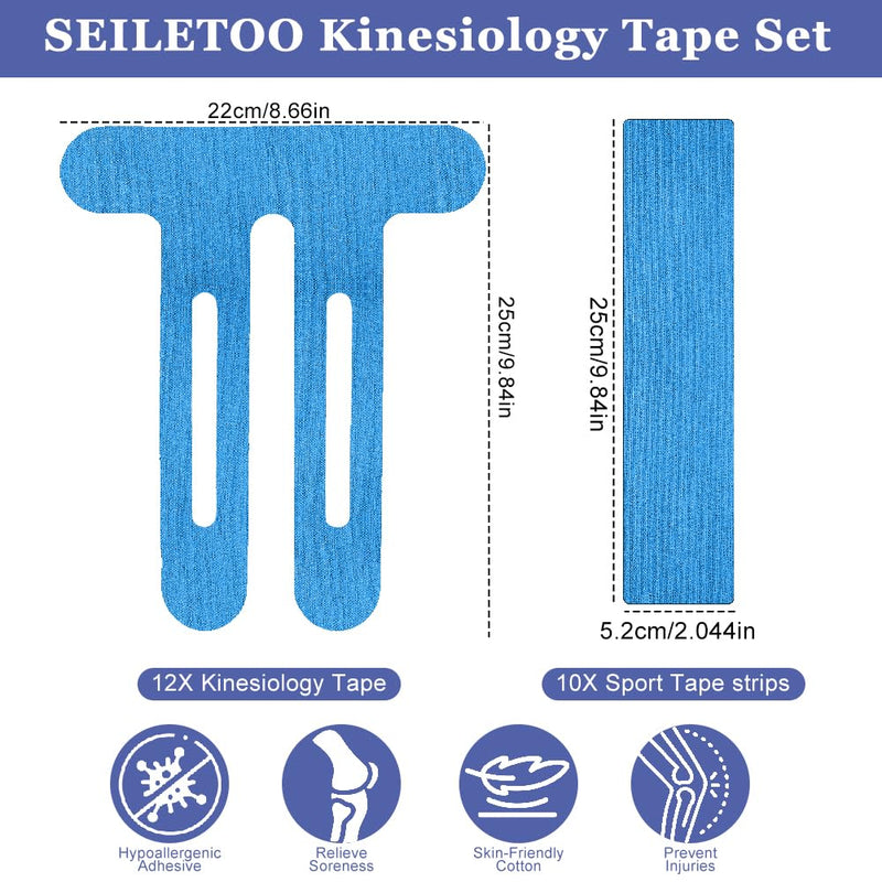 12PCS Kinesiology Tape for Knees with 10PCS Sport Tape Strips, SEILETOO Waterproof & Breathable Elastic Kinesiology Athletic Tape, Sports Support Tape Knee for Muscle Pain Relief and Joint Support