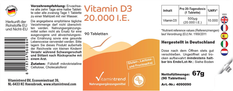 [Australia] - Vitamin D3 20000 IU - 90 tablets - only 1 tablet every 20 days - high dose - cholecalciferol | Vitamintrend® 