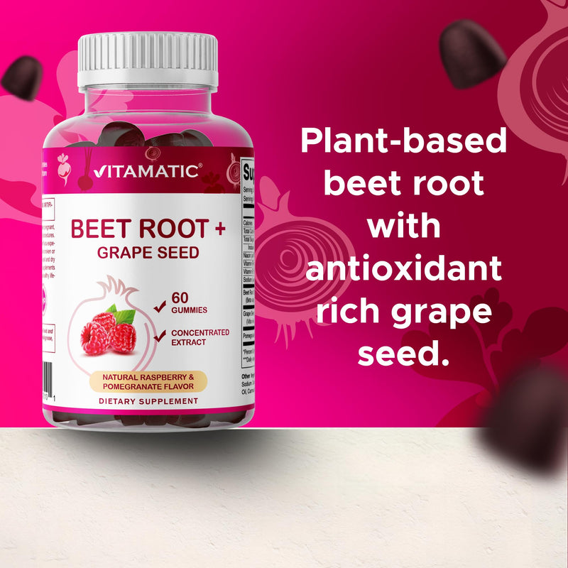Vitamatic Beet Root Gummies with B6, B12, Grape Seed, Pomegranate & Nicotinamide – Plant-Based Extract – Vegan, Non-GMO – Botanical Supplement Gummies – 60 Count - 2 Pack (120 Count)