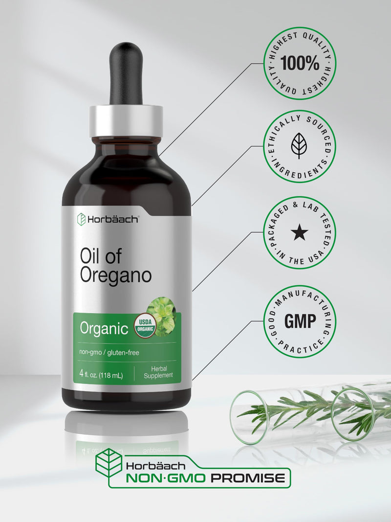 Horbäach Organic Oil of Oregano Drops 4 fl oz Liquid | Vegan | Non-GMO, Gluten Free