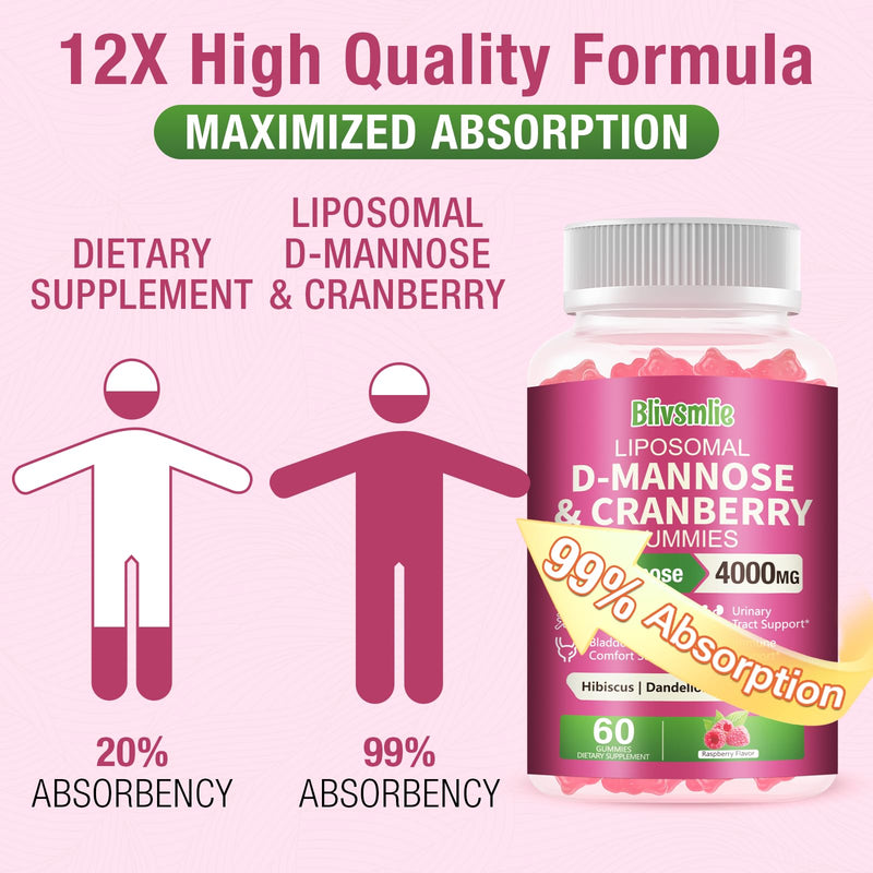 Liposomal D-Mannose Gummies 4000mg Complex Cranberry Supplement 1500mg & Hibiscus,High-Potency Formula for Women Urinary Tract, Immune Support,Liver & Bladder Flush Cleanse Wellness Supplement 60