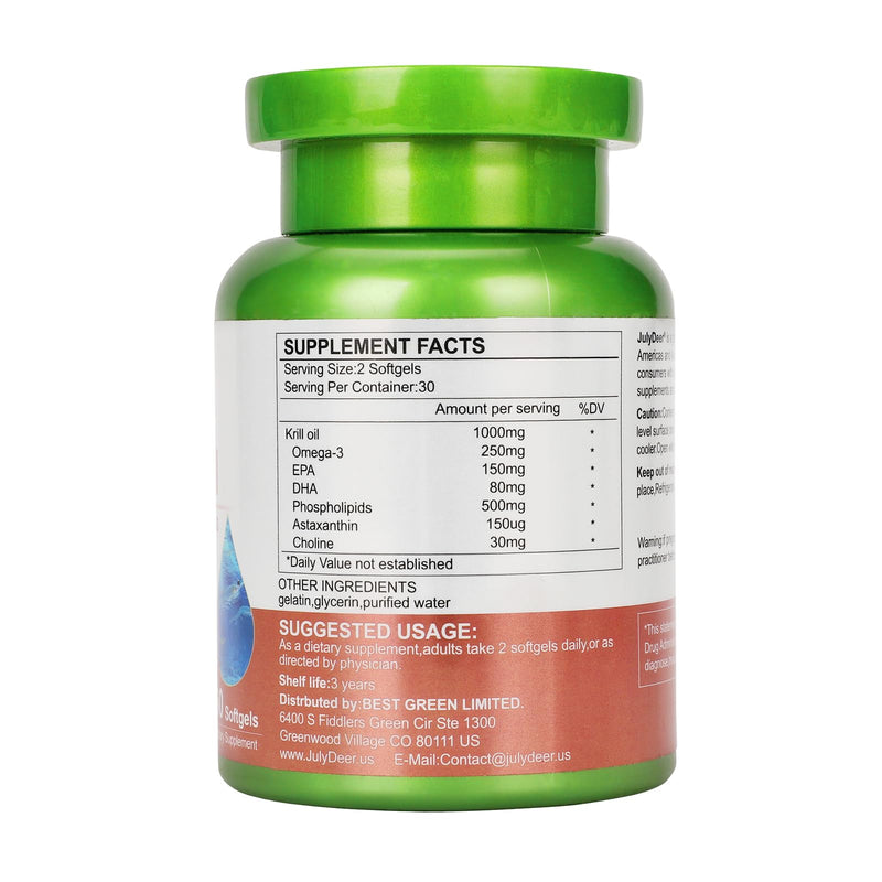 [Australia] - Antarctic Krill Oil 1000 mg with Omega-3s EPA, DHA, Astaxanthin and Phospholipids 60 Softgels Supplement No Fishy Aftertaste for Joint, Heart, Brain and Immunity 1 Bottle 60 Softgels 