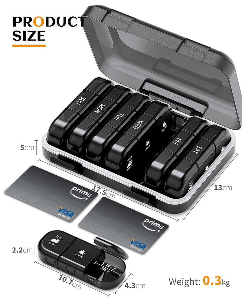 ONTERATE Weekly Pill Organizer 3 Times a Day, Large Pill Organizer 7 Days, Portable Pill Case 21 Days, Moisture Proof Large Pill Dispenser, Travel Pill Box for Vitamins Fish Oil Supplements (Black) Black