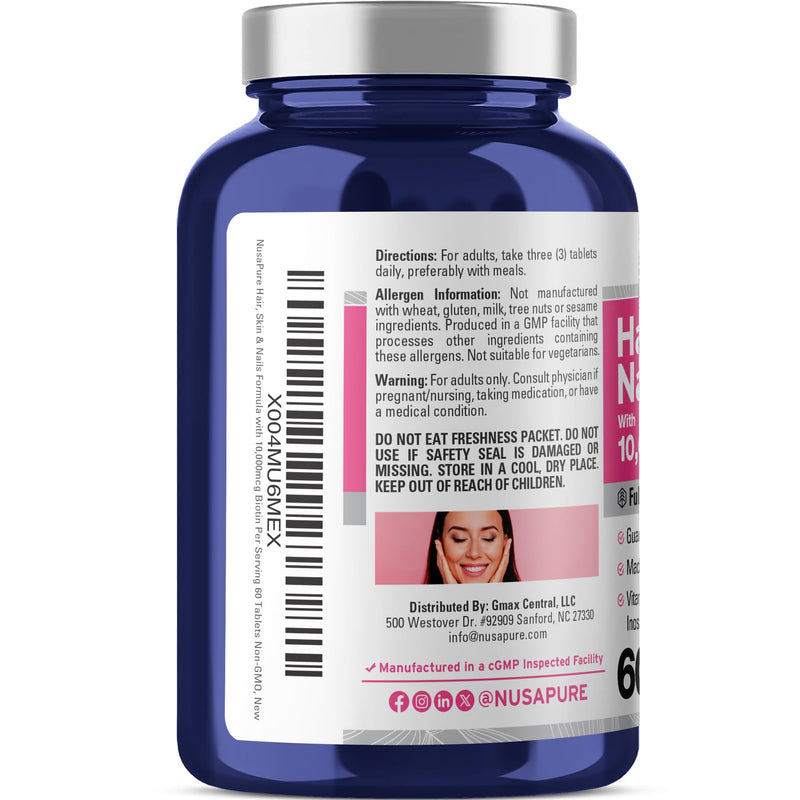 Hair, Skin & Nails Formula, 10,000mcg Biotin, 60 Veg Tablets - 20 Servings | Dietary Supplement Formula, Vitamins, Niacin & Biotin, Suitable for Adults, Manufactured in a cGMP Registered Facility USA