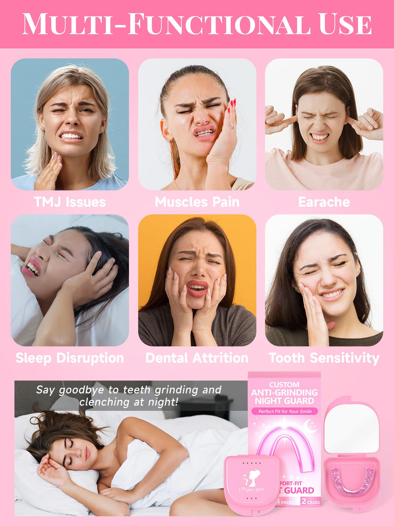 [Australia] - 4 Pack Pink Night Guards for Teeth Grinding and Clenching, Women Teeth Grinding Mouth Guard for Sleep with 2 Mirror Cases, Moldable Mouthguard for Women, Adults, Bruxism Relief 