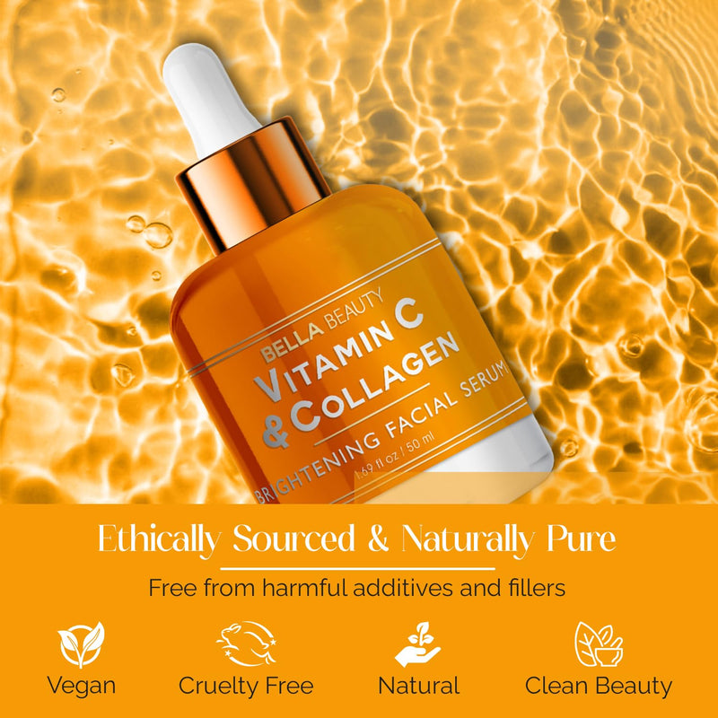 Bella Beauty Vitamin C Serum with Collagen - Dark Spot Reduction, Skin & Anti-Aging - Dermatologist Tested, Cruelty-Free Korean Skin Care for All Skin Types - 1.69 Fl. Oz Vitamin C & Collagen