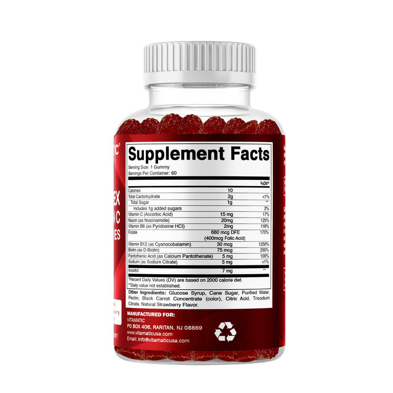 Vitamatic Vitamin B Complex Gummies with Vitamin C & Inositol - Natural Strawberry Flavor - 60 Gummies