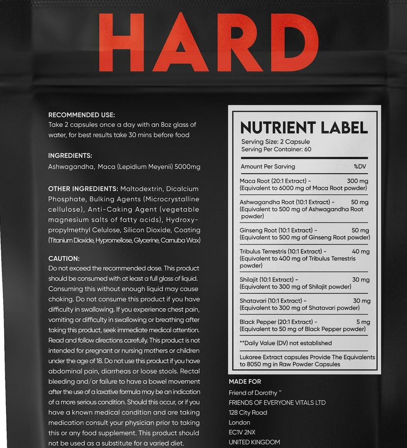 Hard Supplement for Men - Black Maca & Ashwagandha Root - Natural Performance Support - Enhances Energy, Vitality, Hormonal Balance - 60 Capsules 60 Capsules/Pouch