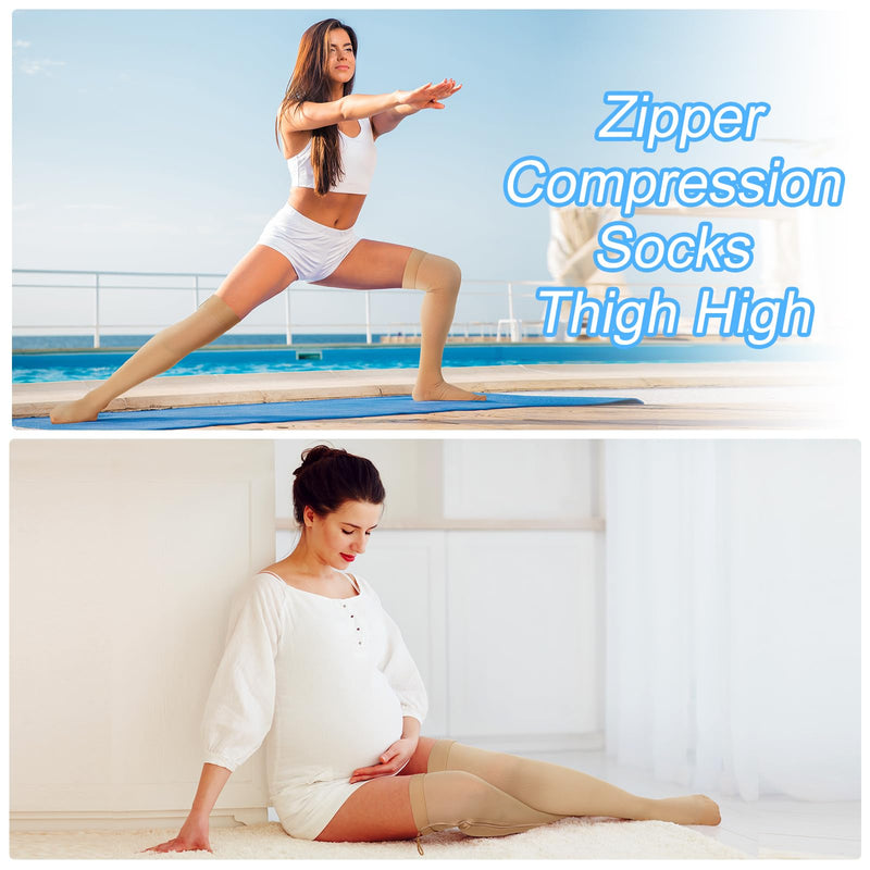 [Australia] - Sosation Thigh High Zipper Compression Socks 20-30 mmHg Zipper Compression Stockings Thigh High for Women Men Swelling Edema XX-Large Beige 